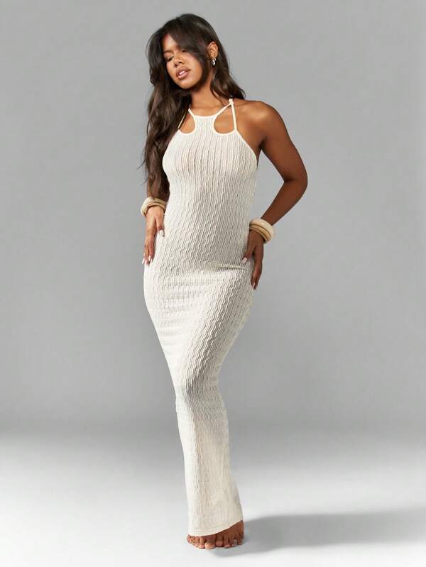 missguided MISSGUIDED Knitted Macrame Knot Detail Halterneck Beach Maxi Dress