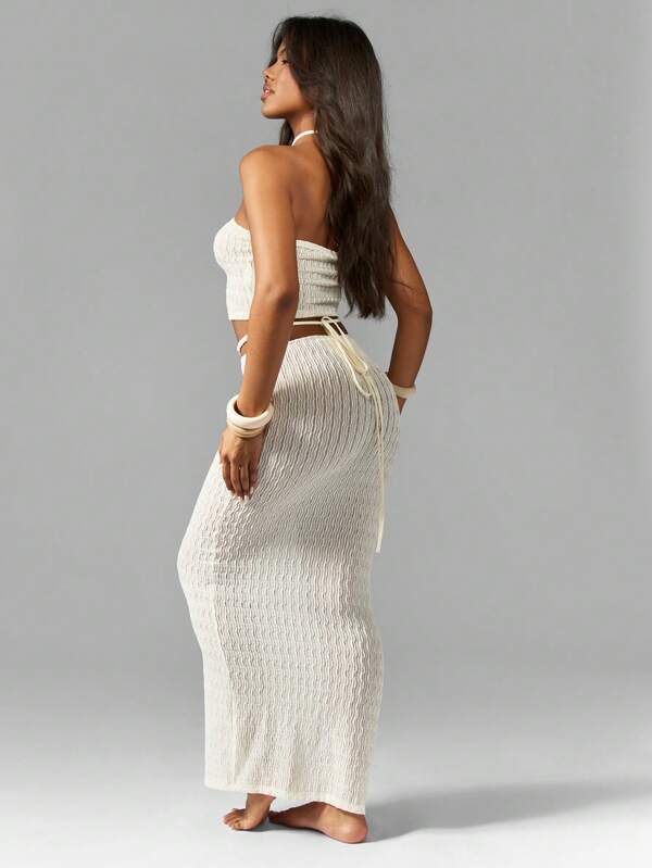 Missguided MISSGUIDED Knitted Macrame Knot Two-Piece Halterneck Top Maxi Skirt Set