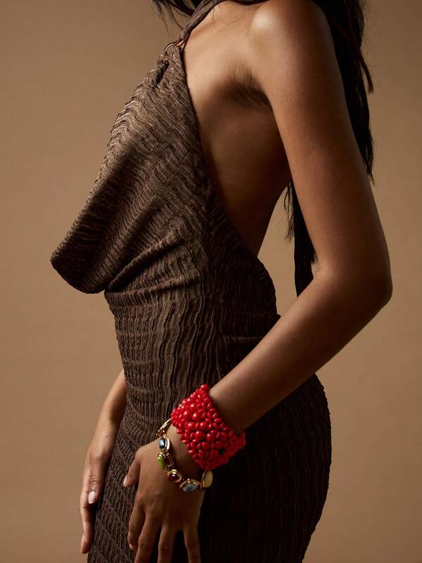 Missguided MISSGUIDED Knitted Maxi Dress With Halter Neck And Ruched Detail