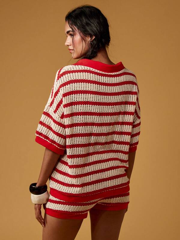 Missguided MISSGUIDED Knitted Retro Style Stripe Pattern Polo Shorts Two Piece Outfit