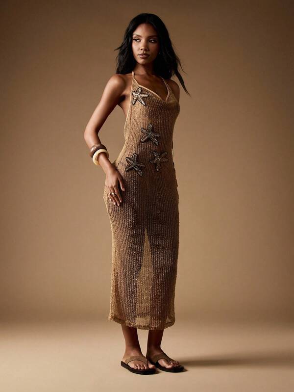 Missguided MISSGUIDED Knitted Starfish Embellished Halter Neck Midaxi Dress