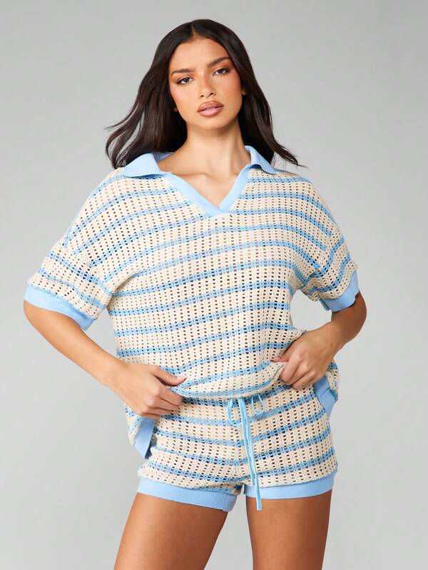 missguided MISSGUIDED Knitted Striped Polo Top And Drawstring Shorts Set