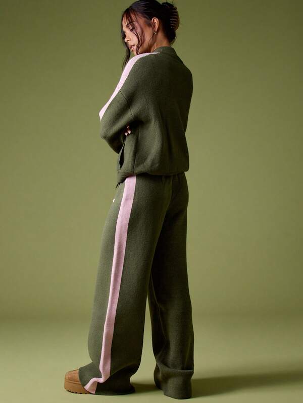 Missguided MISSGUIDED Knitted Wide Leg Trouser With Embroidery And Stripe Detail For Winter Layering Cozy Casual Comfort