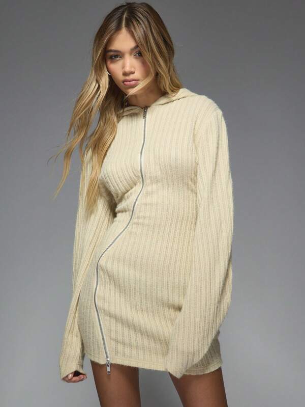 missguided MISSGUIDED Knitted Zip Through Hooded Long Sleeves Bodycon Mini Dress