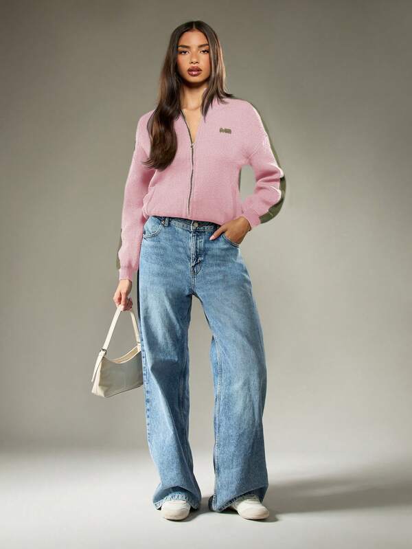 Missguided MISSGUIDED Knitted Zip Up Cardigan With Contrast Stripes