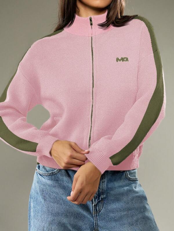 missguided MISSGUIDED Knitted Zip Up Cardigan With Contrast Stripes