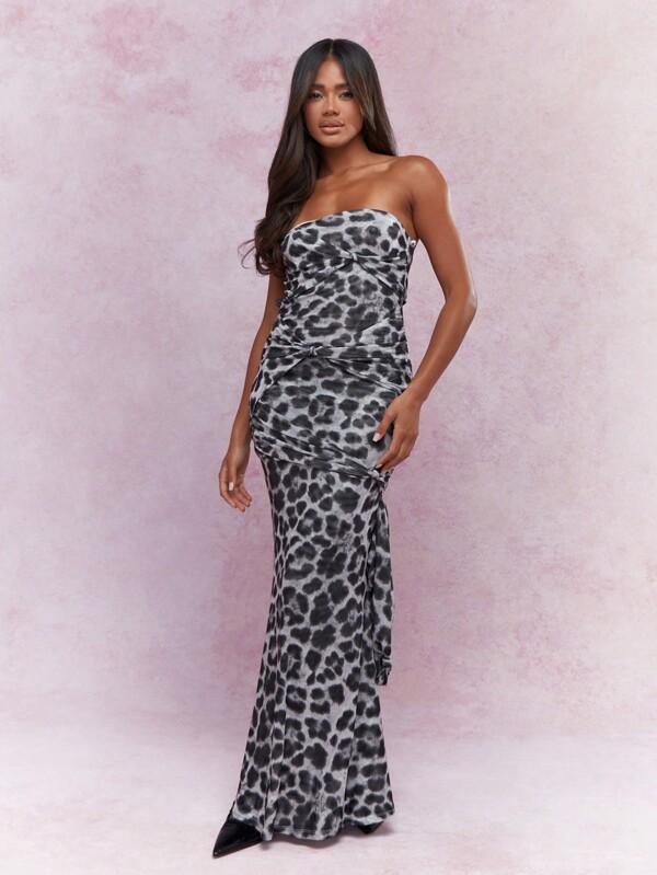 missguided MISSGUIDED Knot Detail Leopard Print Bandeau Maxi Dress