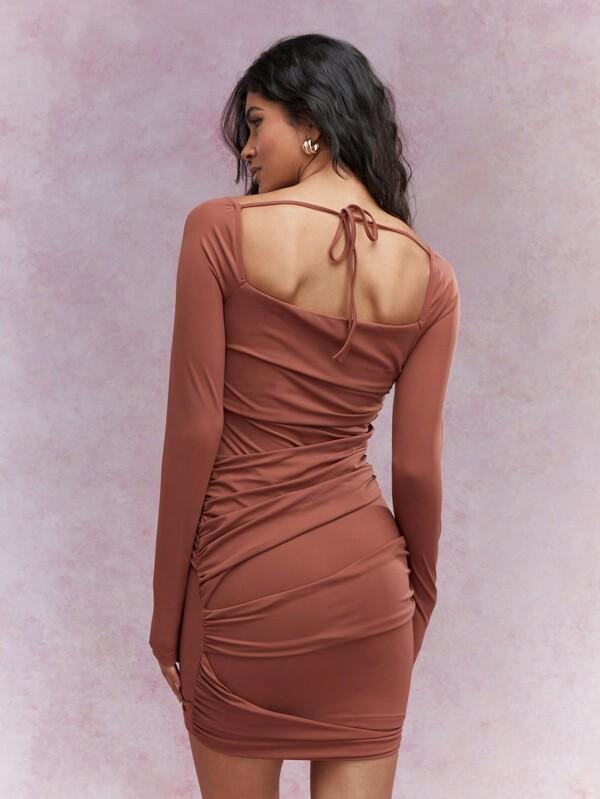 Missguided MISSGUIDED Knot Detail Square Neck Long Sleeves Ruched Bodycon Mini Dress
