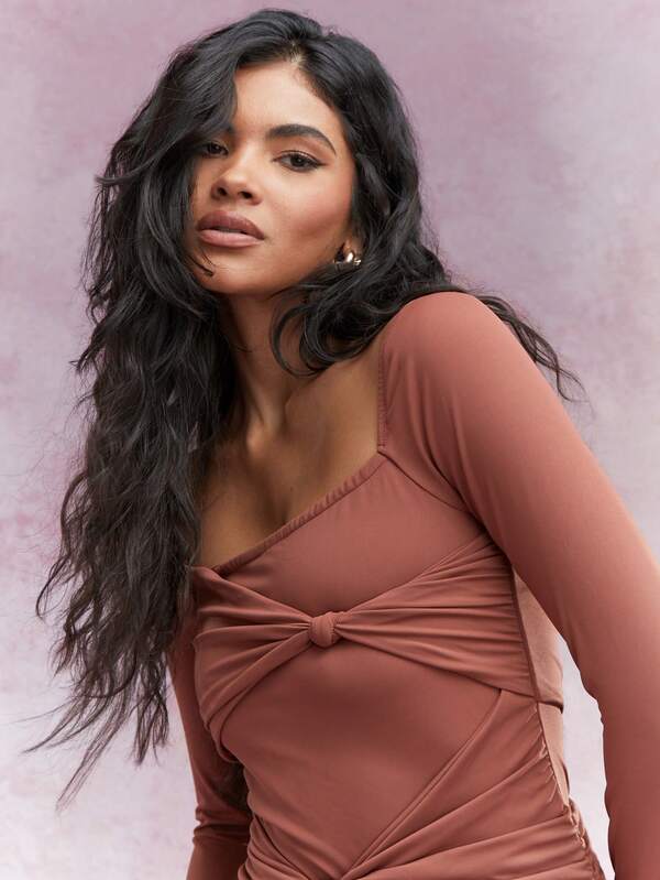 Missguided MISSGUIDED Knot Detail Square Neck Long Sleeves Ruched Bodycon Mini Dress