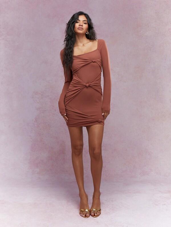 Missguided MISSGUIDED Knot Detail Square Neck Long Sleeves Ruched Bodycon Mini Dress