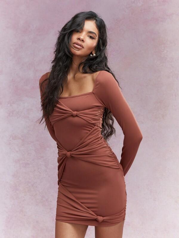 missguided MISSGUIDED Knot Detail Square Neck Long Sleeves Ruched Bodycon Mini Dress