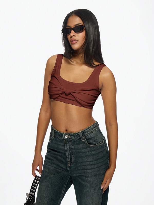 missguided MISSGUIDED Knot Front Crop Sleeveless Tank Top