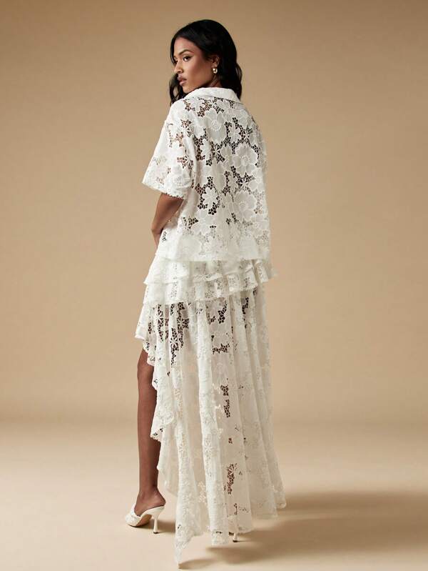 Missguided MISSGUIDED Lace Asymmetrical Long Ruffle Two-Piece Outfit