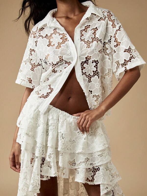 Missguided MISSGUIDED Lace Asymmetrical Long Ruffle Two-Piece Outfit
