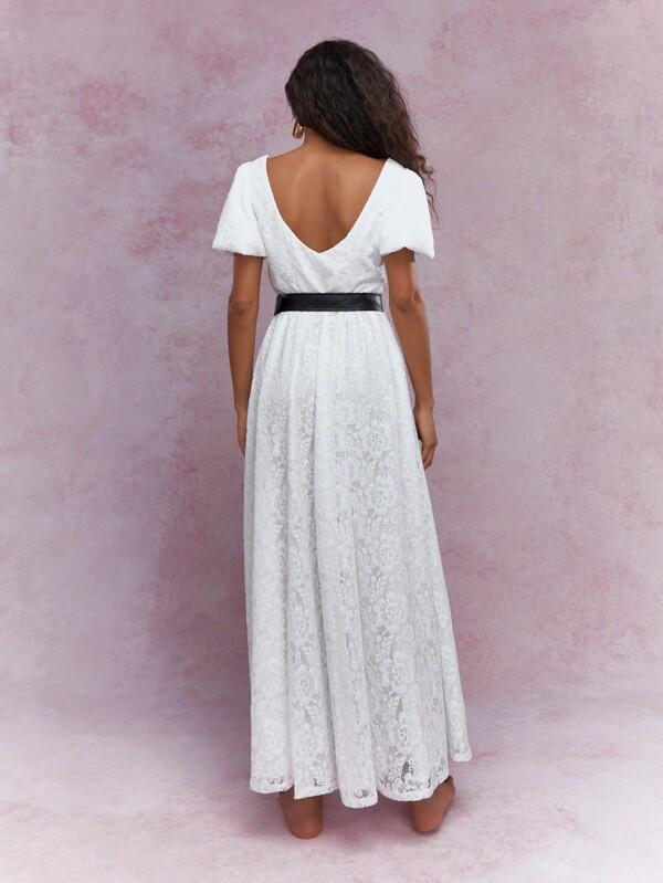 Missguided MISSGUIDED Lace Balloon Sleeves Square Neck Maxi Dress With Belt