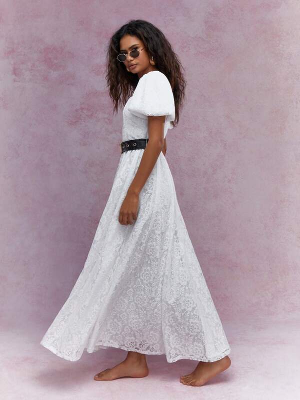 Missguided MISSGUIDED Lace Balloon Sleeves Square Neck Maxi Dress With Belt