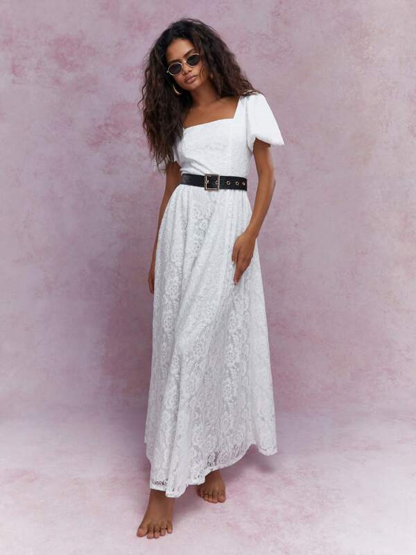 missguided MISSGUIDED Lace Balloon Sleeves Square Neck Maxi Dress With Belt