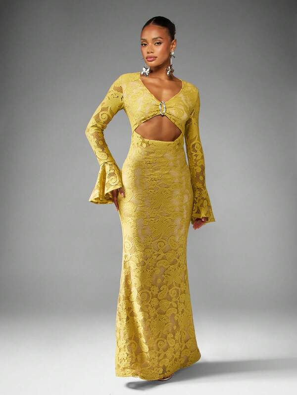 Missguided MISSGUIDED Lace Bell Sleeve Maxi Dress With Cut Out Detail