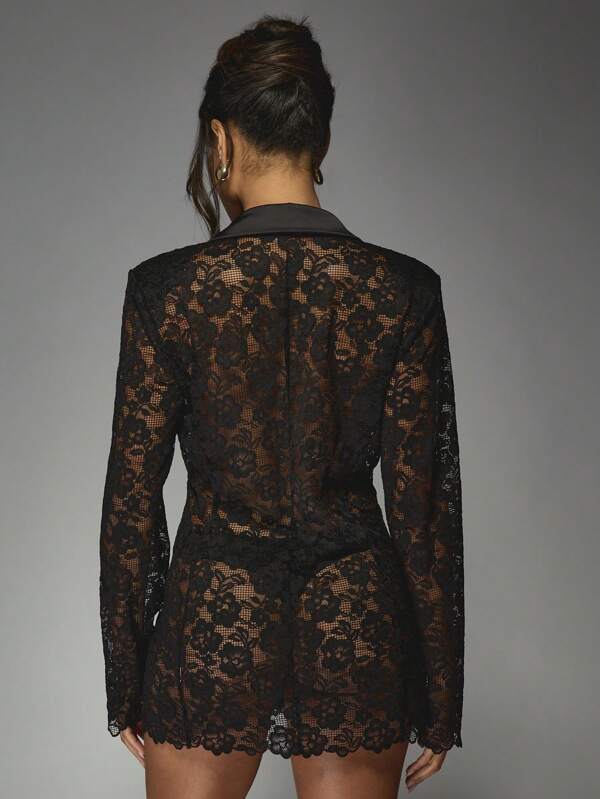 Missguided MISSGUIDED Lace Blazer Mini Dress With Satin Lapel And Scalloped Hem