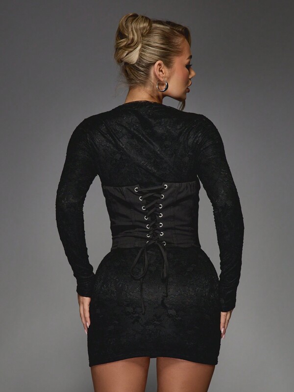 Missguided MISSGUIDED Lace Boat Neck Long Sleeves Bodycon Mini Dress With Corset Top