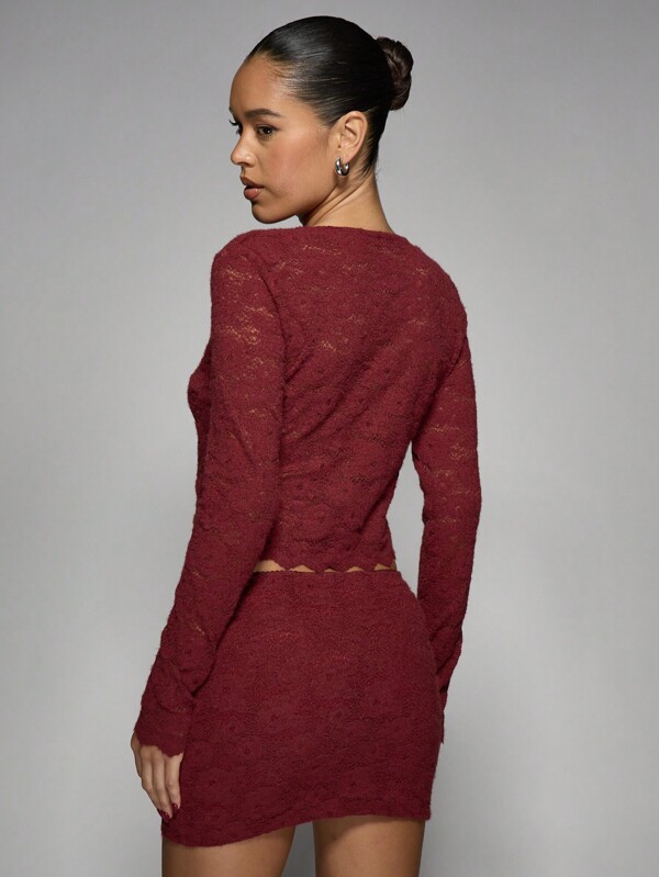 Missguided MISSGUIDED Lace Button-Front Cardigan Mini Skirt Two-Piece Set