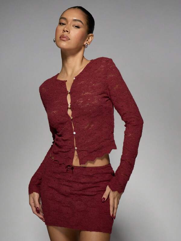missguided MISSGUIDED Lace Button-Front Cardigan Mini Skirt Two-Piece Set