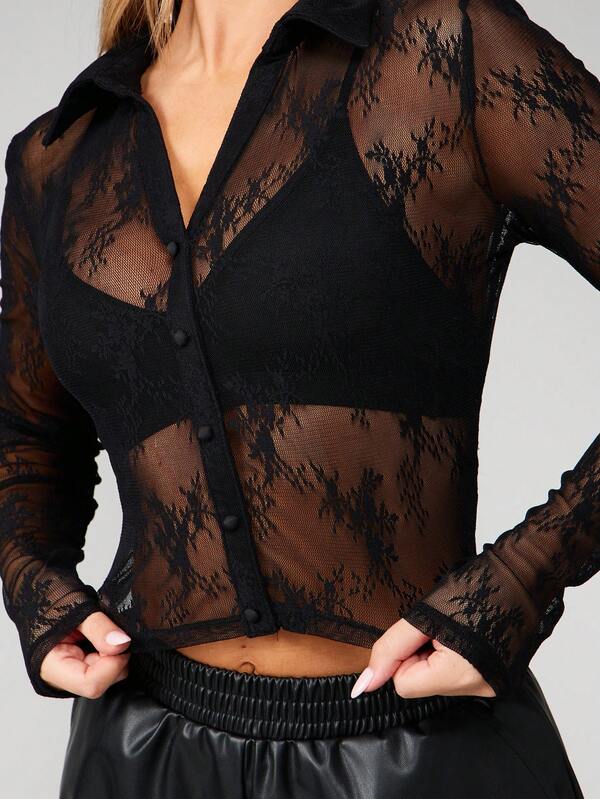 Missguided MISSGUIDED Lace Button Up Crop Top With Long Sleeves