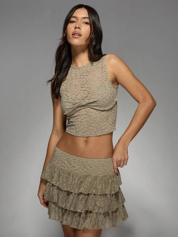 missguided MISSGUIDED Lace Co-Ord Set Tiered Ruffle Mini Skirt Crop Top