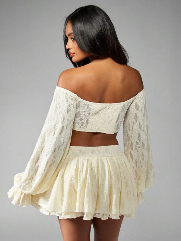 Missguided MISSGUIDED Lace Corset Bustier Bell Sleeve Top Layered Ruffle Mini Skirt Set