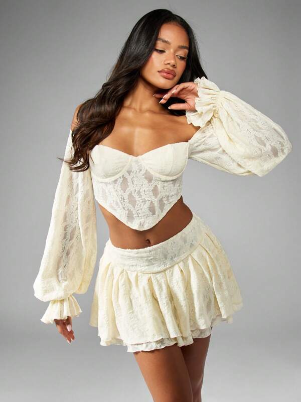 missguided MISSGUIDED Lace Corset Bustier Bell Sleeve Top Layered Ruffle Mini Skirt Set
