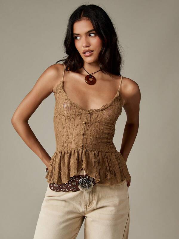 Missguided MISSGUIDED Lace Corset Cami With Peplum Frill And Buttons