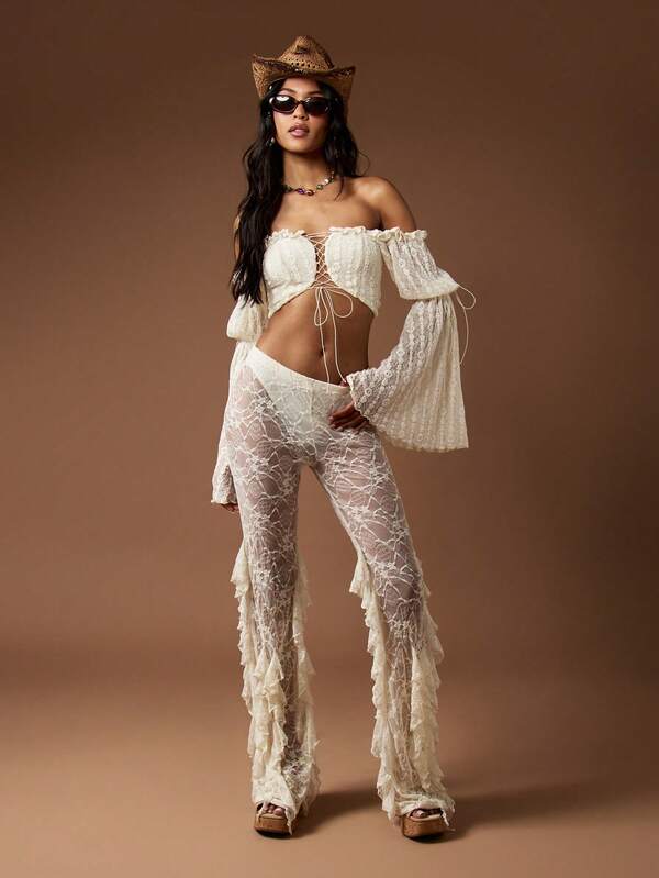 Missguided MISSGUIDED Lace Corset Top Bell Sleeve Off Shoulder Boho Blouse