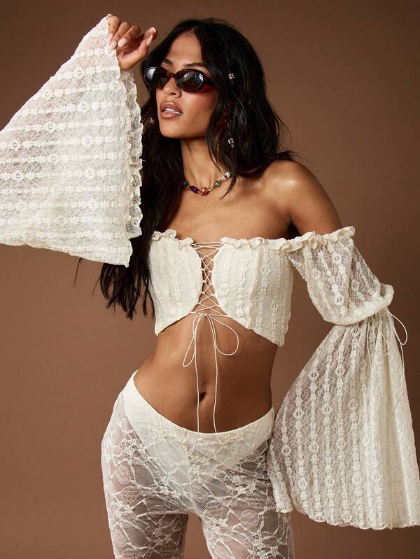 Missguided MISSGUIDED Lace Corset Top Bell Sleeve Off Shoulder Boho Blouse