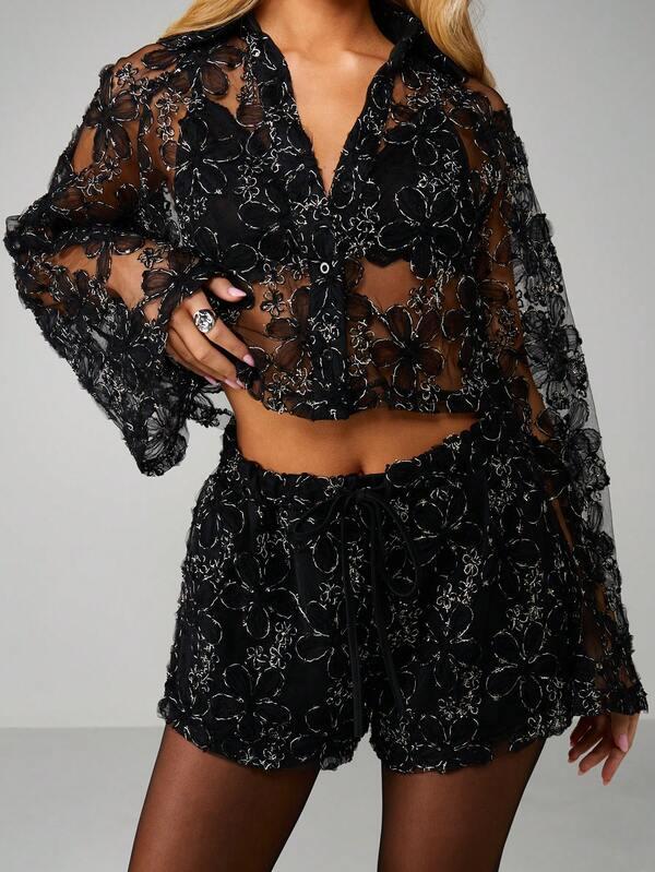 Missguided MISSGUIDED Lace Cropped Long Sleeve Button Front Coord Set