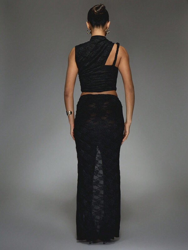 Missguided MISSGUIDED Lace Cut Out Crop Top With High Slit Maxi Skirt