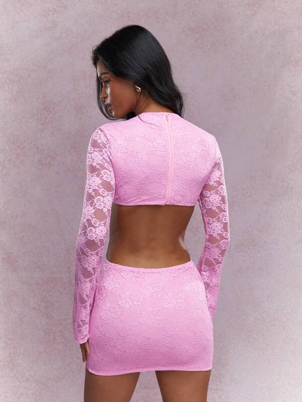 Missguided MISSGUIDED Lace Cut-Out Waist Sheer Long Flared Sleeves Bodycon Dress