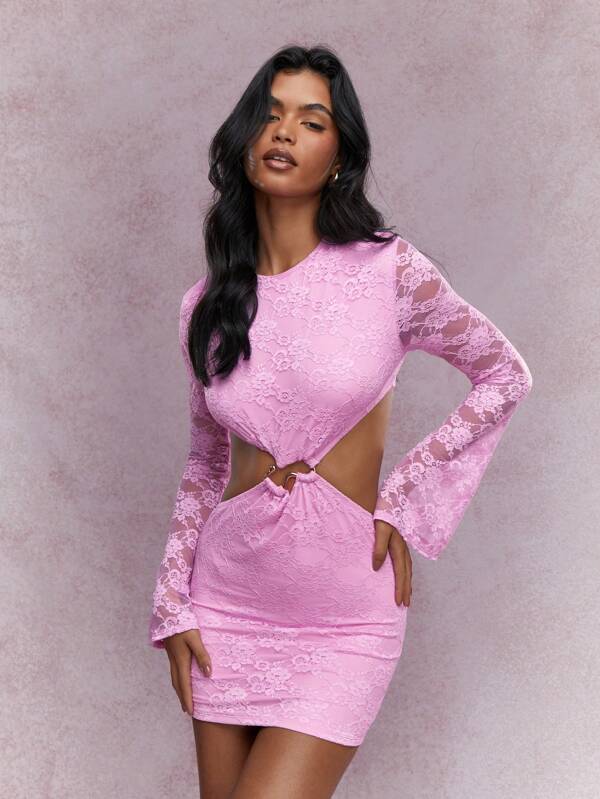 missguided MISSGUIDED Lace Cut-Out Waist Sheer Long Flared Sleeves Bodycon Dress