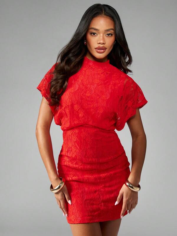 Missguided MISSGUIDED Lace Flutter Sleeve High Neck Mini Dress