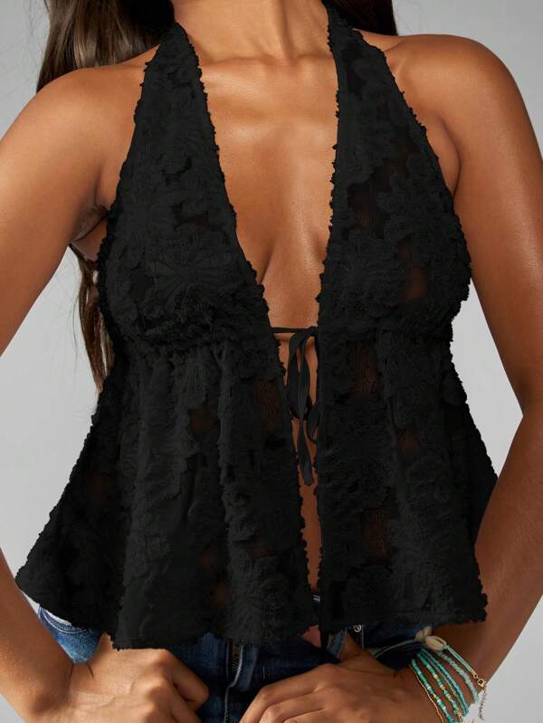Missguided MISSGUIDED Lace Halter Backless Plunge Tie Front Flowy Top