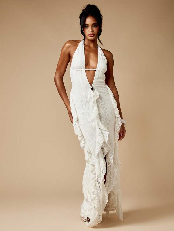 missguided MISSGUIDED Lace Halter Maxi Dress With Plunging Neckline And Ruffles