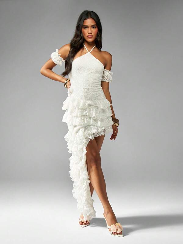 missguided MISSGUIDED Lace Halter Mini Dress With Asymmetric Waterfall Train