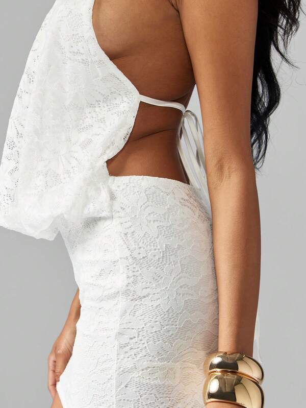 Missguided MISSGUIDED Lace Halter Mini Dress With Open Back And Ruched Detail