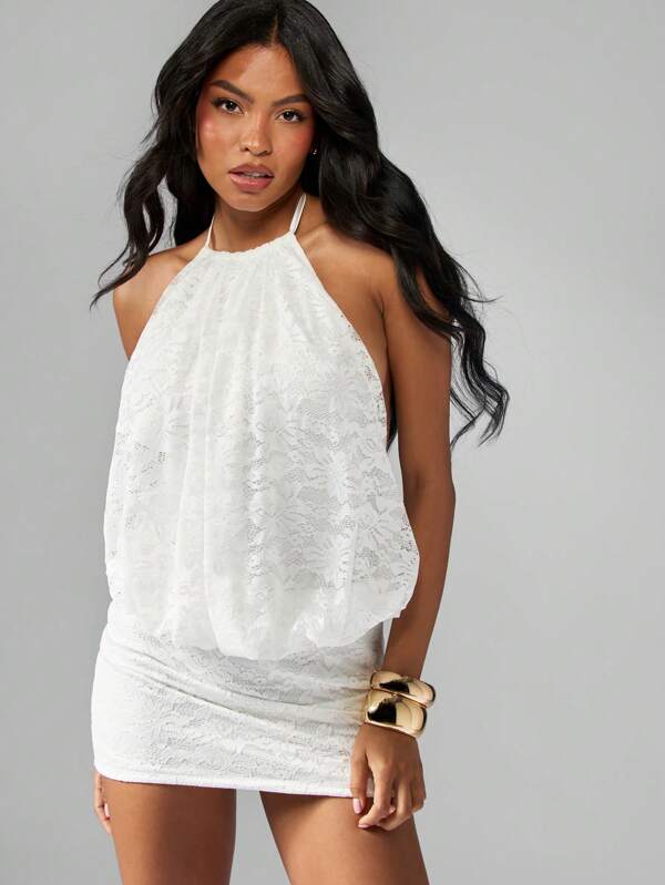 missguided MISSGUIDED Lace Halter Mini Dress With Open Back And Ruched Detail