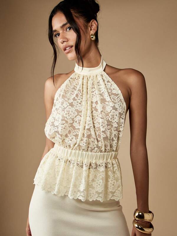Missguided MISSGUIDED Lace Halter Neck Peplum Top With Ruched Waist