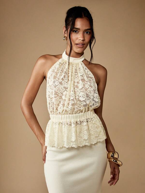 Missguided MISSGUIDED Lace Halter Neck Peplum Top With Ruched Waist