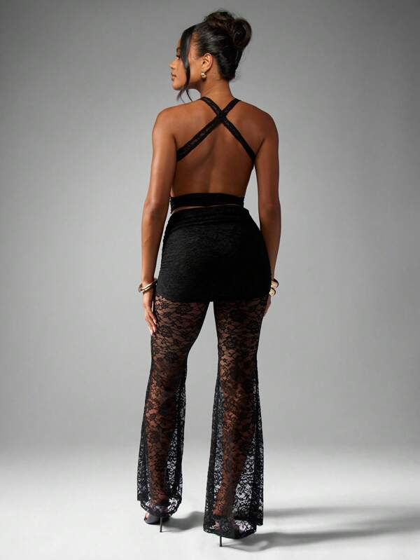 Missguided MISSGUIDED Lace Halter Neck Wrap Top With Flared Pants
