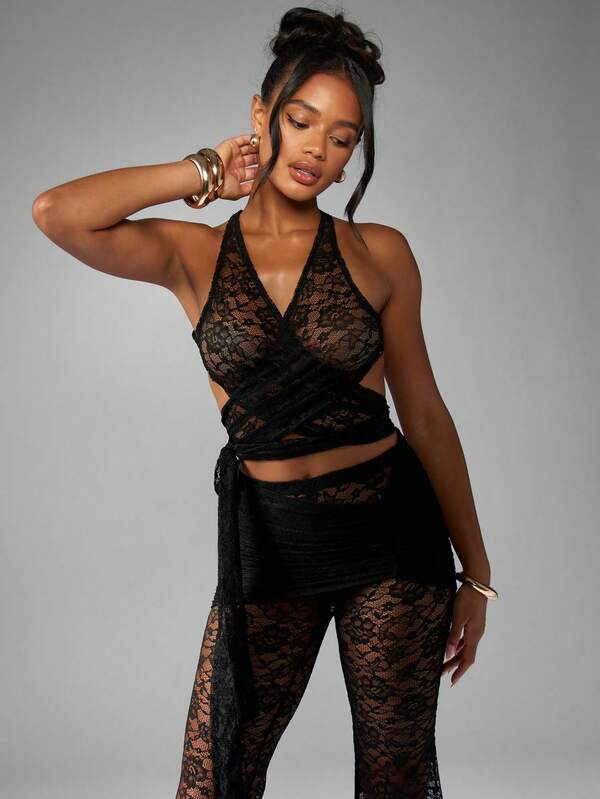 Missguided MISSGUIDED Lace Halter Neck Wrap Top With Flared Pants