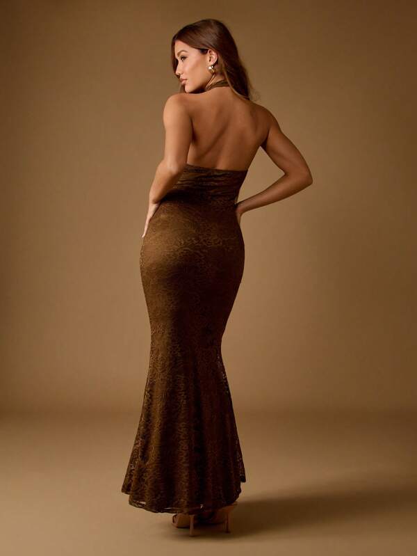 Missguided MISSGUIDED Lace High Neck Mermaid Dress With Open Back