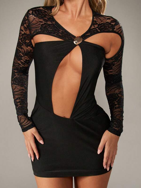 missguided MISSGUIDED Lace Long Sleeve Bodycon Dress With Crystal Detail