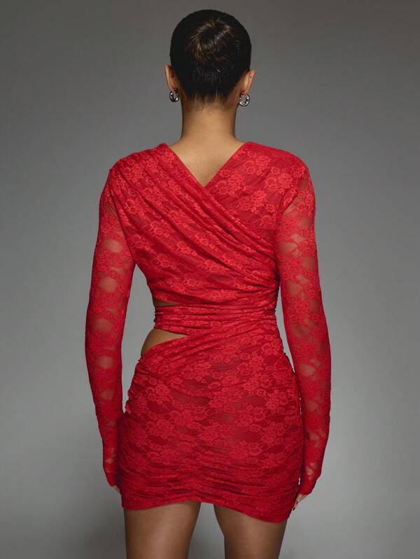 Missguided MISSGUIDED Lace Long Sleeve Cut-Out Ruched Bodycon Wrap Style Mini Dress